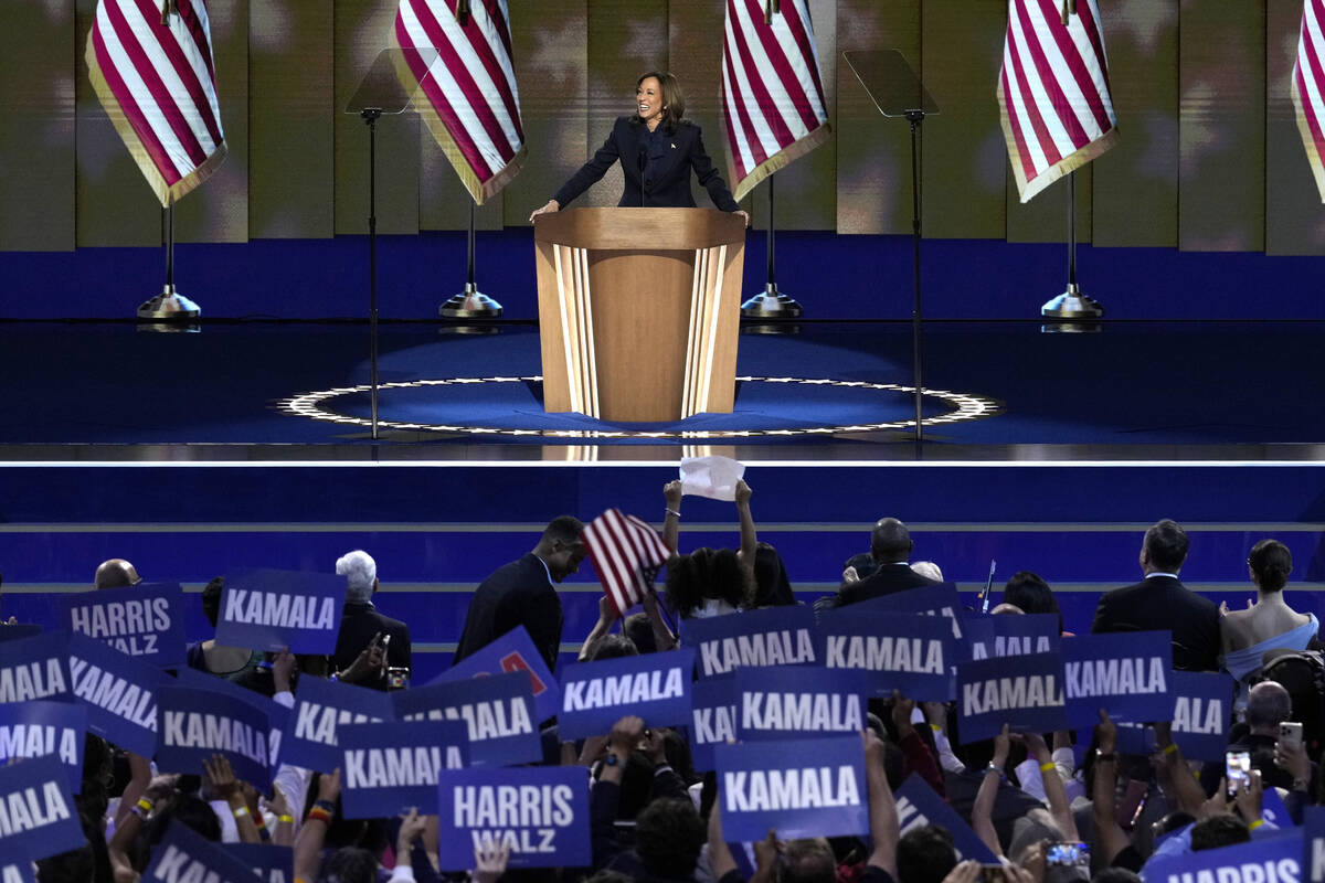 Democratic presidential nominee Vice President Kamala Harris speaks during the Democratic Natio ...