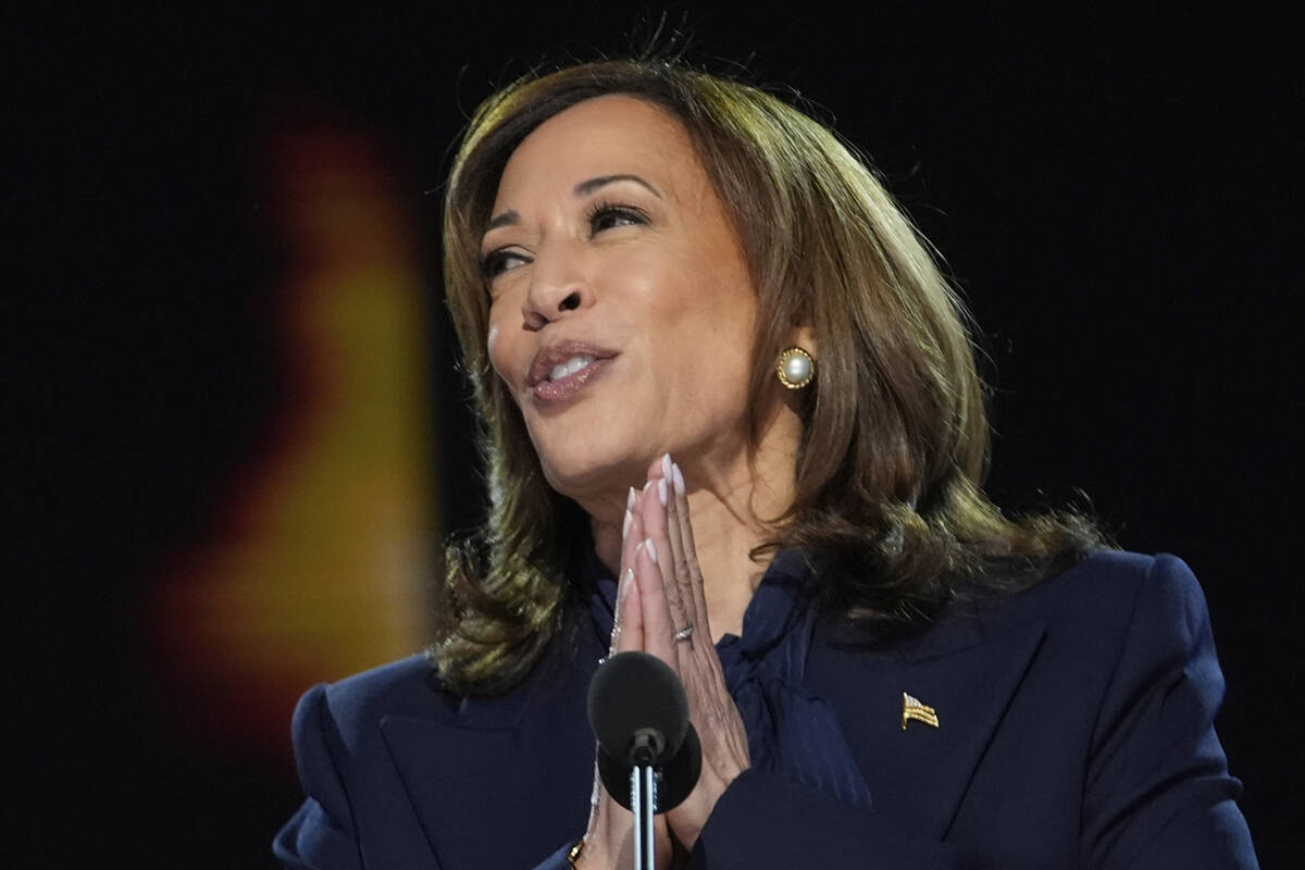 Democratic presidential nominee Vice President Kamala Harris speaks during the Democratic Natio ...