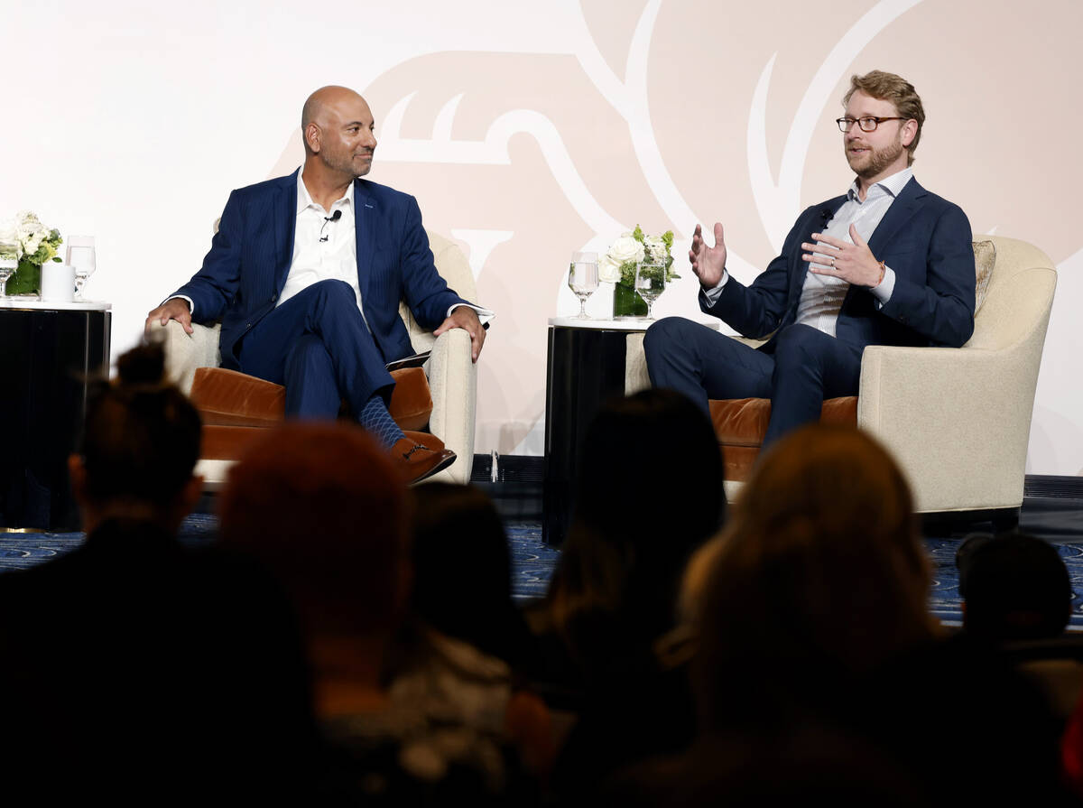 Patrick Nichols, right, CEO of the Venetian Resort Las Vegas Vegas, speaks as Tony Yousfi, chie ...