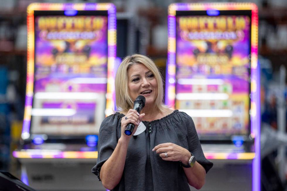 Henderson Mayor Michelle Romero speaks during the opening of the new Aristocrat Gaming™ ...