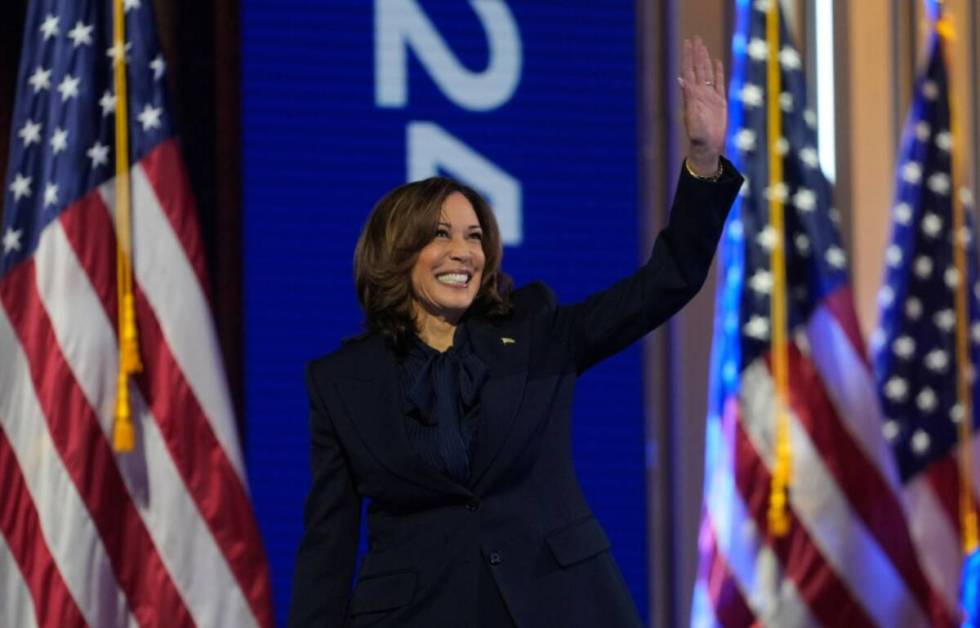 Democratic presidential nominee Vice President Kamala Harris speaks during the Democratic Natio ...