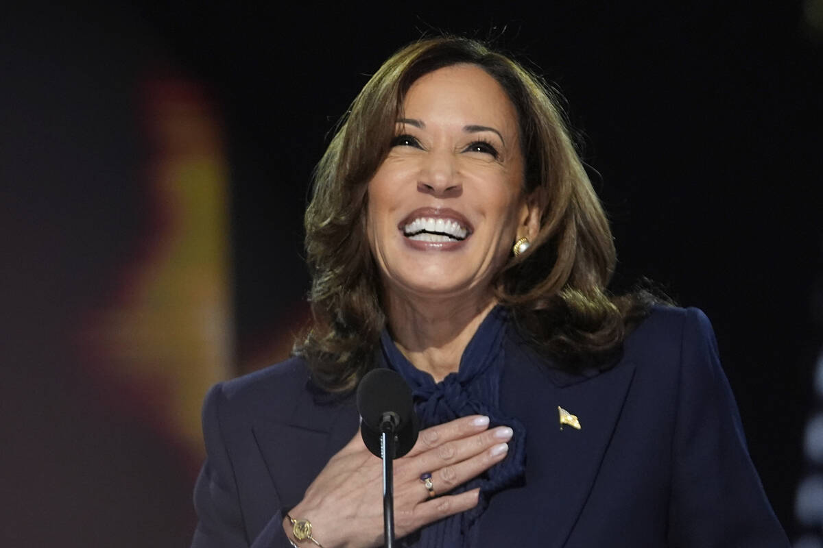 Democratic presidential nominee Vice President Kamala Harris speaks during the Democratic Natio ...