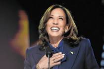 Democratic presidential nominee Vice President Kamala Harris speaks during the Democratic Natio ...