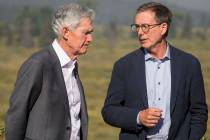 Federal Reserve Chairman Jerome Powell, left, speaks with Governor of the Bank of Canada Tiff M ...