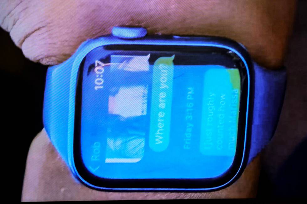 An evidence photo of Robert Telles’ wife’s Apple Watch with an unanswered &#x201c ...