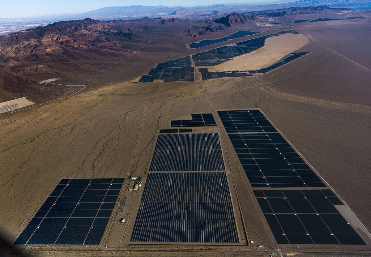 Solar farms on the El Dorado dry lake bed now stretch for miles on Thursday, Jan. 28, 2023, in ...