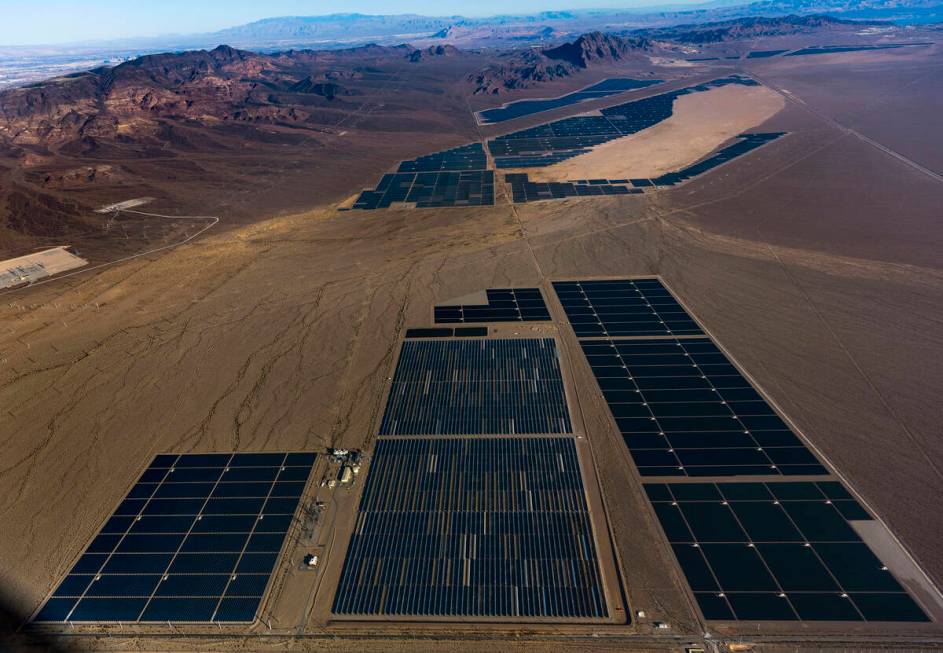 Solar farms on the El Dorado dry lake bed now stretch for miles on Thursday, Jan. 28, 2023, in ...