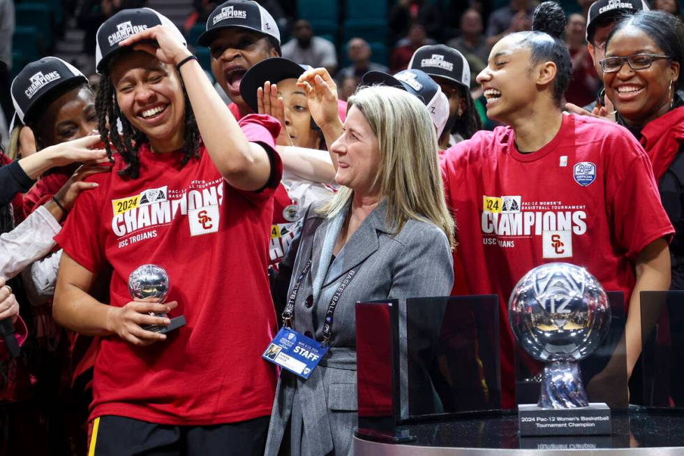 Southern California's McKenzie Forbes reacts after being presented the Pac-12 tournament Most V ...