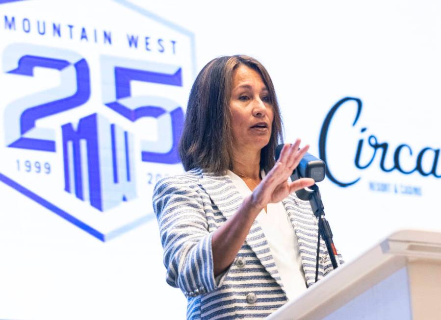 Gloria Nevarez, commissioner of the Mountain West Conference, speaks during football media days ...