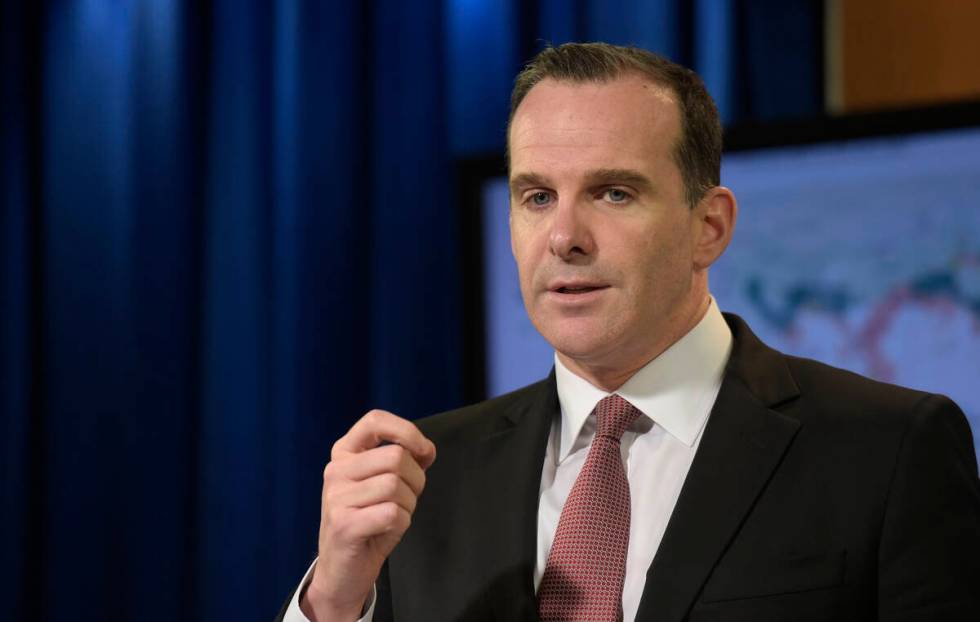 FILE - Brett McGurk, U.S. envoy for the global coalition against IS, speaks during a briefing a ...