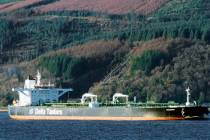 The Greek-flagged oil tanker Sounion is seen heading into the Finnart Ocean Terminal in the Uni ...