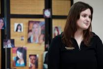 Las Vegas Red Umbrella Collective member Ivy Love listens during a memorial for Larissa Garcia ...