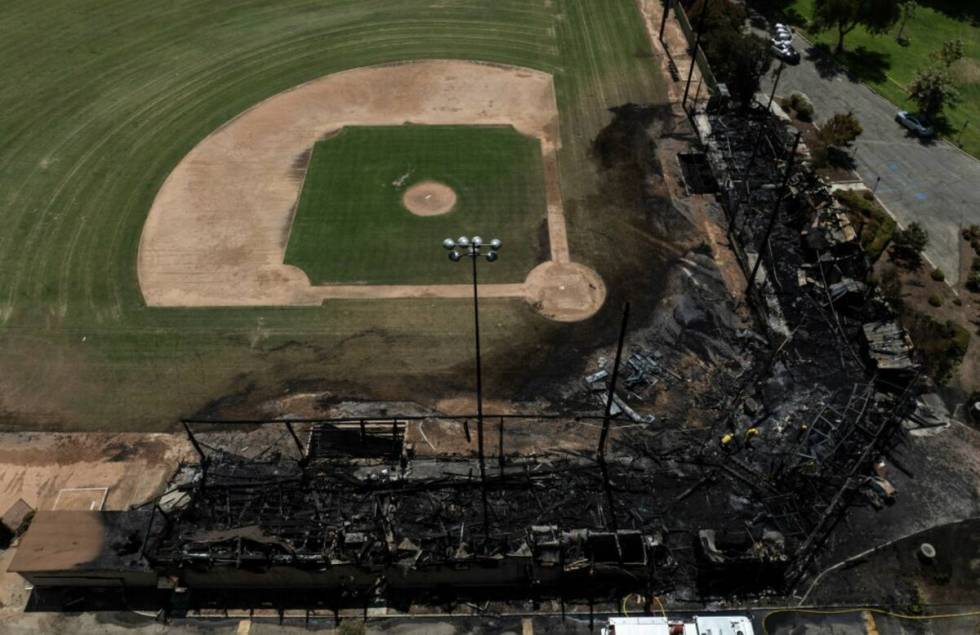 An aerial view shows the aftermath of a fire at Jay Littleton Ball Park, a historic baseball fi ...