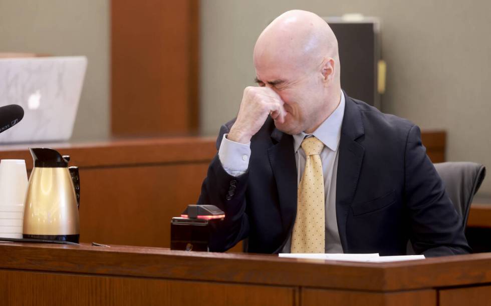 Robert Telles gets emotional during his narrative on the witness stand on the ninth day of his ...