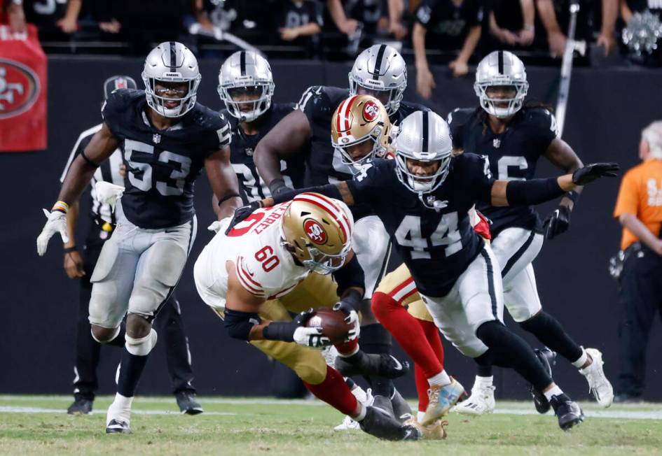 San Francisco 49ers offensive tackle Sebastian Gutierrez (60) is chased by Raiders defense duri ...