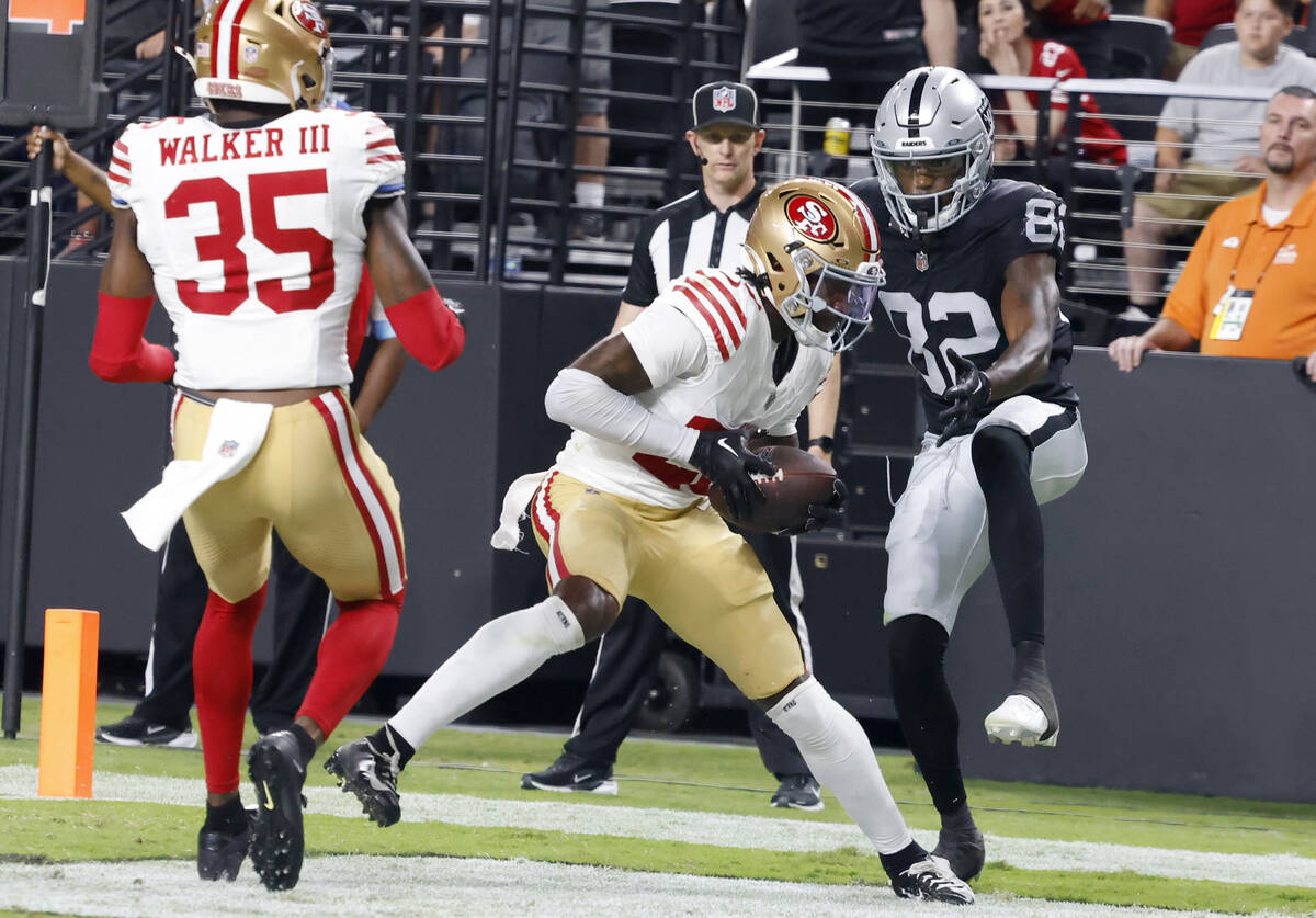 San Francisco 49ers cornerback Darrell Luter Jr. intercepts the ball intended to Las Vegas Raid ...