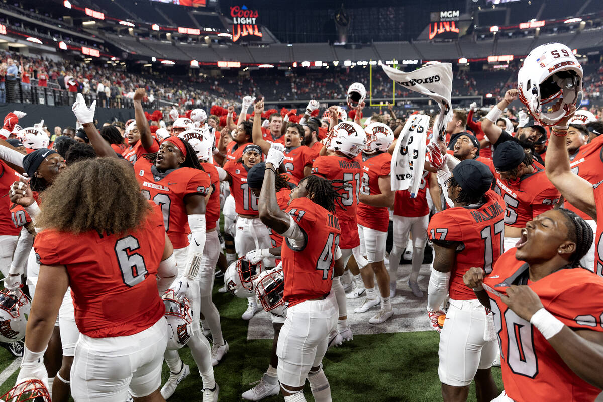 UNLV celebrates their win against Vanderbilt in an NCAA college football game at Allegiant Stad ...