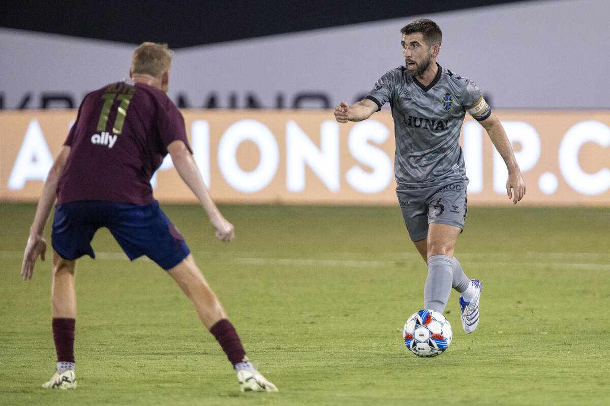 Las Vegas Lights FC midfielder Charlie Adams (6) directs the team during a USL Championship soc ...