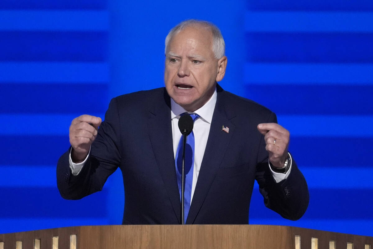 Democratic vice presidential nominee Minnesota Gov. Tim Walz speaks during the Democratic Natio ...