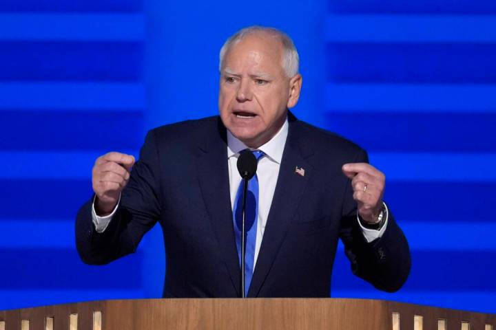 Democratic vice presidential nominee Minnesota Gov. Tim Walz speaks during the Democratic Natio ...