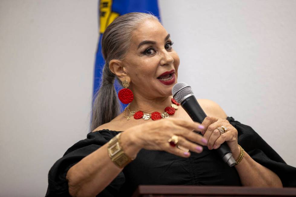 Noemi Quintero, Cesar Chavez’s niece, speaks during the unveiling of the bust sculpture ...