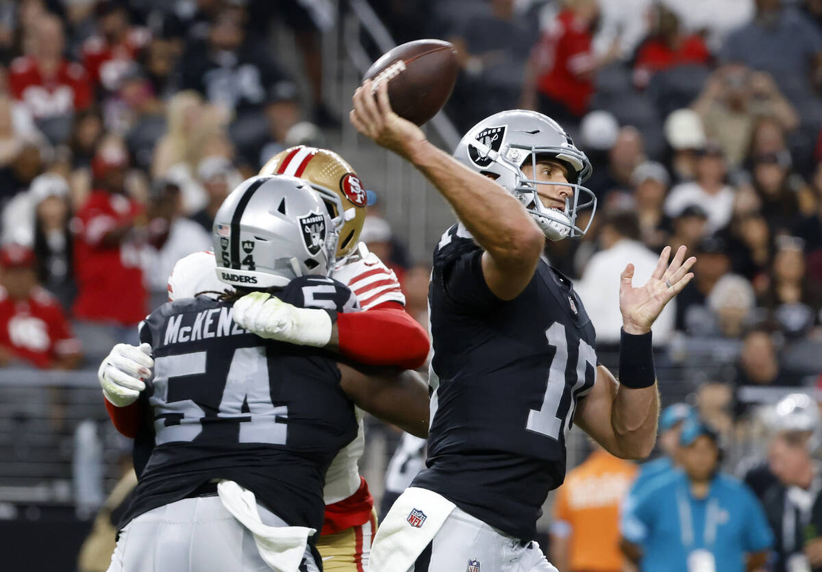 Las Vegas Raiders quarterback Nathan Peterman (10) throws the ball against San Francisco 49ers ...