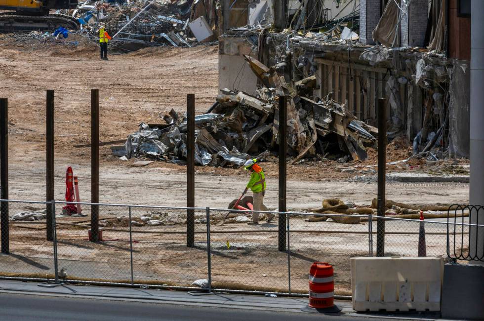 Metal is piled high as the deconstruction of the Tropicana continues by GGG Demolition, Inc., i ...