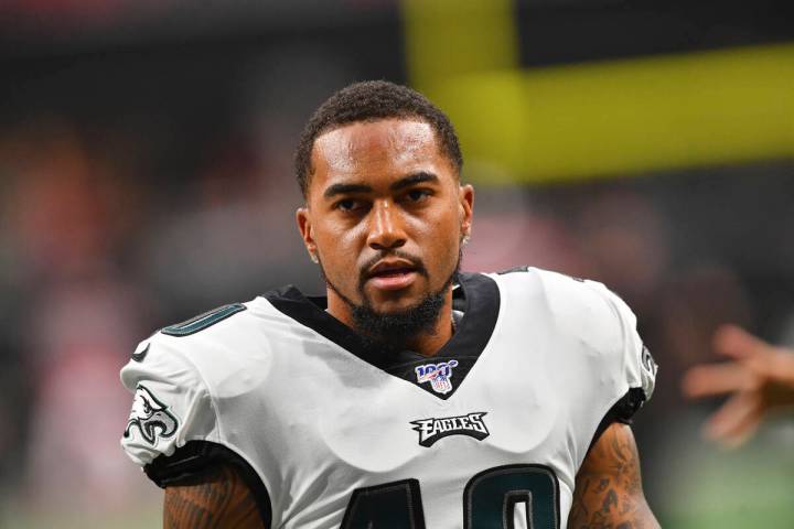 In this Sept. 15, 2019, file photo, Philadelphia Eagles wide receiver DeSean Jackson (10) warms ...