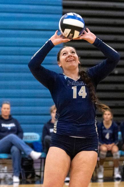 Foothill junior Siena Novak (14) sets the ball during the volleyball match against Bishop Gorma ...