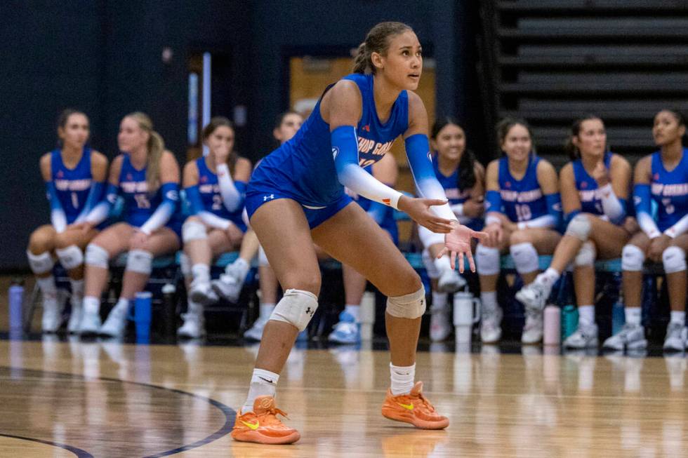 Bishop Gorman junior Brooklynn Williams (12) prepares for the ball during the volleyball match ...