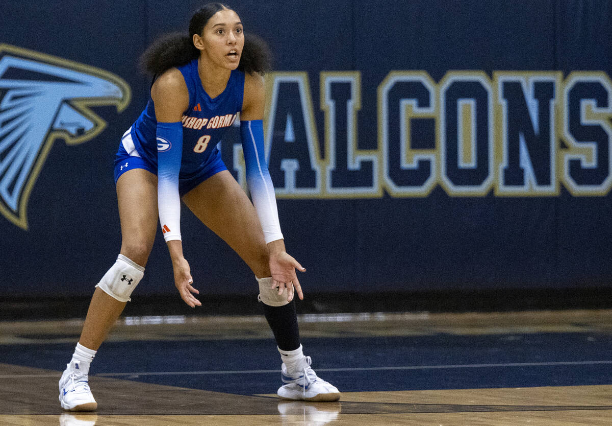 Bishop Gorman junior Ayanna Watson (8) prepares for a serve during the volleyball match against ...