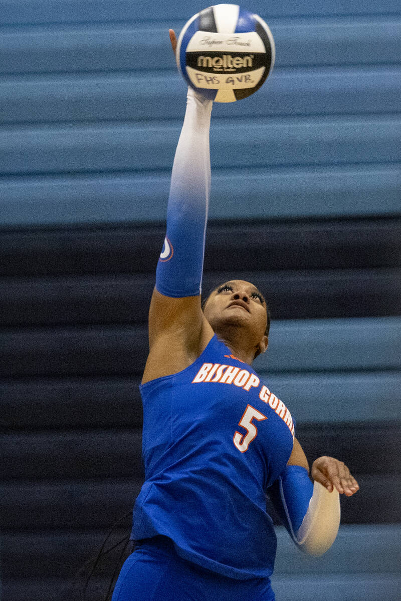 Bishop Gorman senior Carsyn Stansberry (5) spikes the ball during the volleyball match against ...