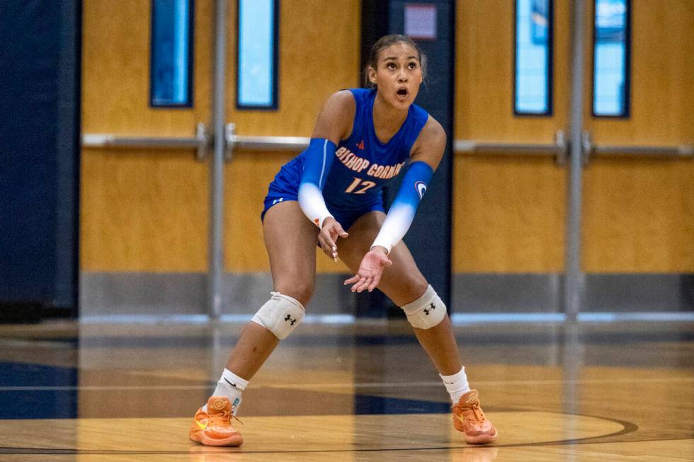 Bishop Gorman junior Brooklynn Williams (12) prepares for the ball during the volleyball match ...