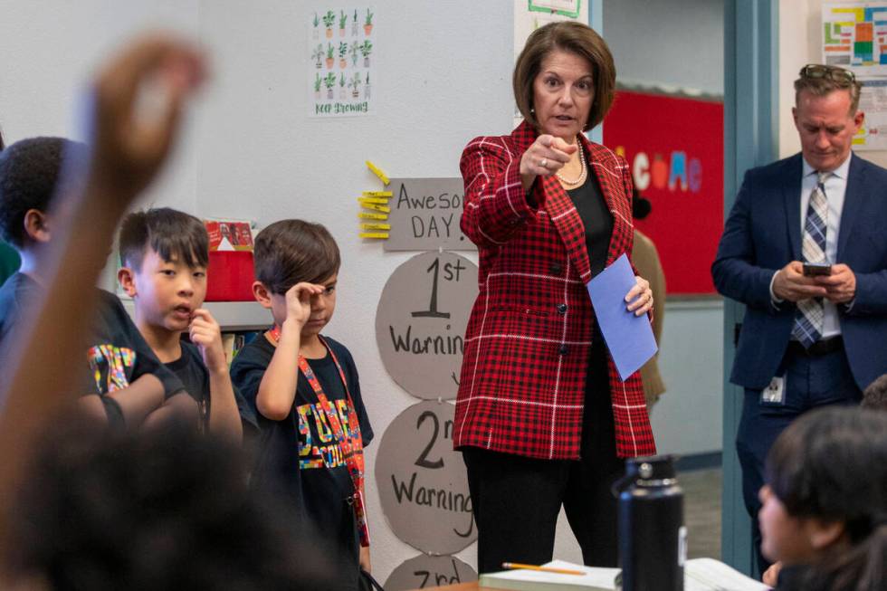 U.S. Sen. Catherine Cortez Masto, D-Nev., visits with the students of Kimberly Pacheco’s ...