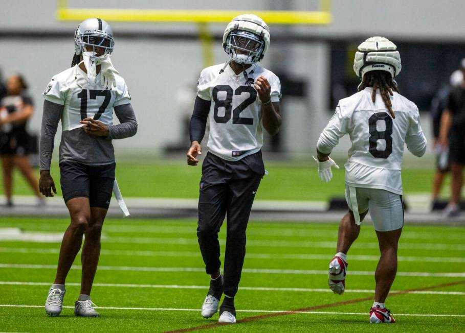 Raiders wide receiver Davante Adams (17), receiver Ramel Keyton (82) and running back Ameer Abd ...