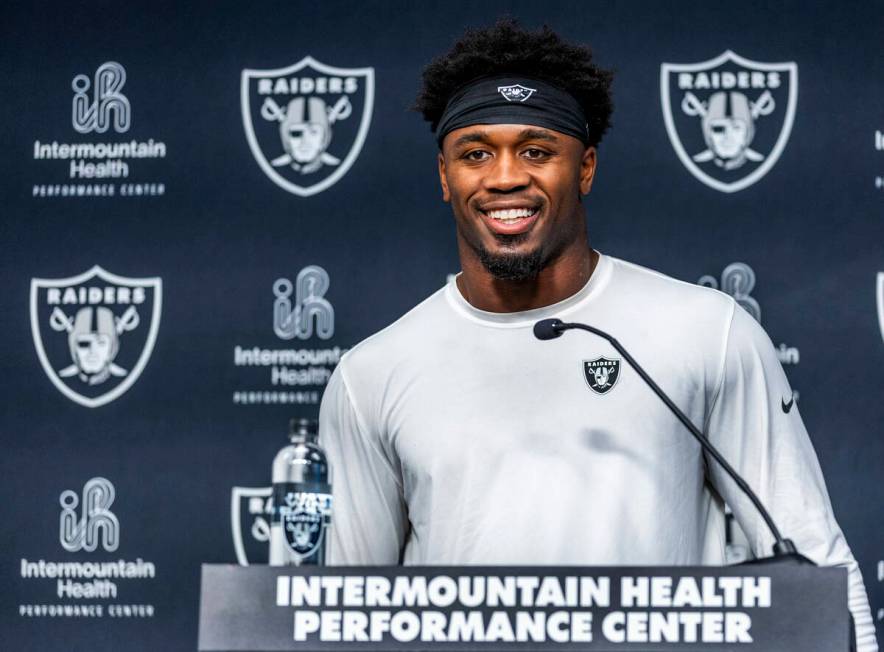 Raiders linebacker Amari Gainer (53) listens a question during a media interview after practice ...