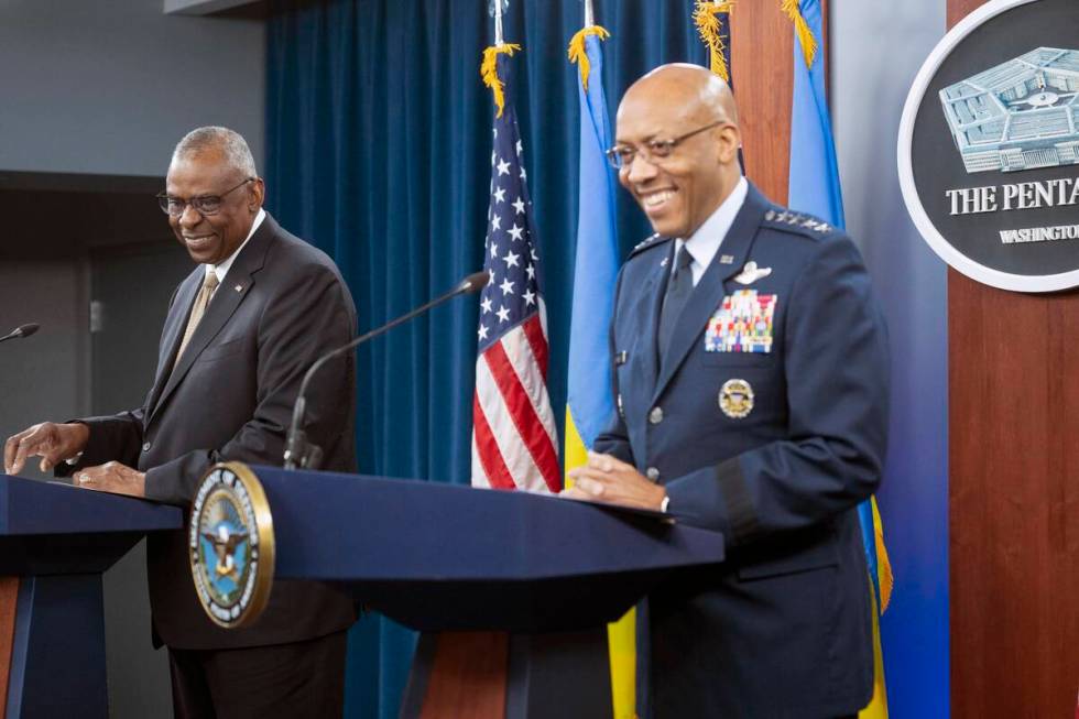 Defense Secretary Lloyd Austin, left, and Chairman of the Joint Chiefs of Staff Gen. CQ Brown J ...