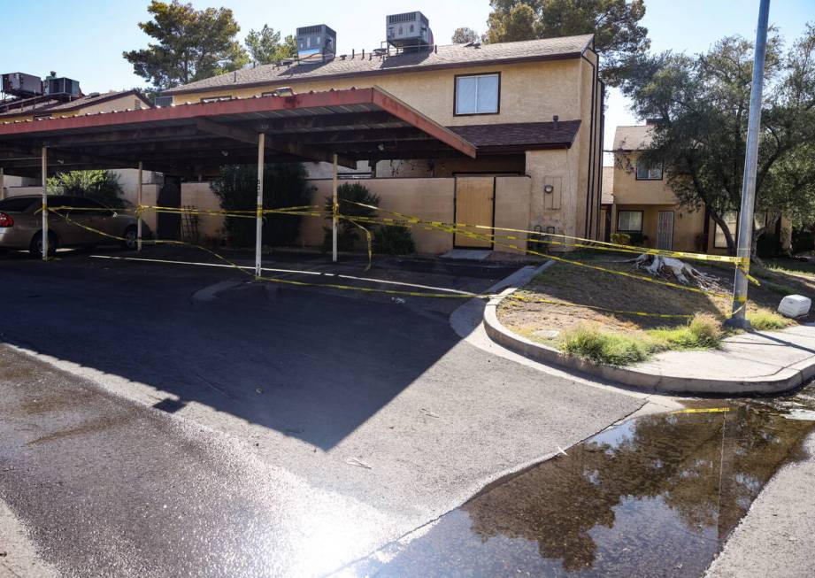 Water pools on the street in Somerset Park, a neighborhood in Henderson, Tuesday, Aug. 27, 2024 ...