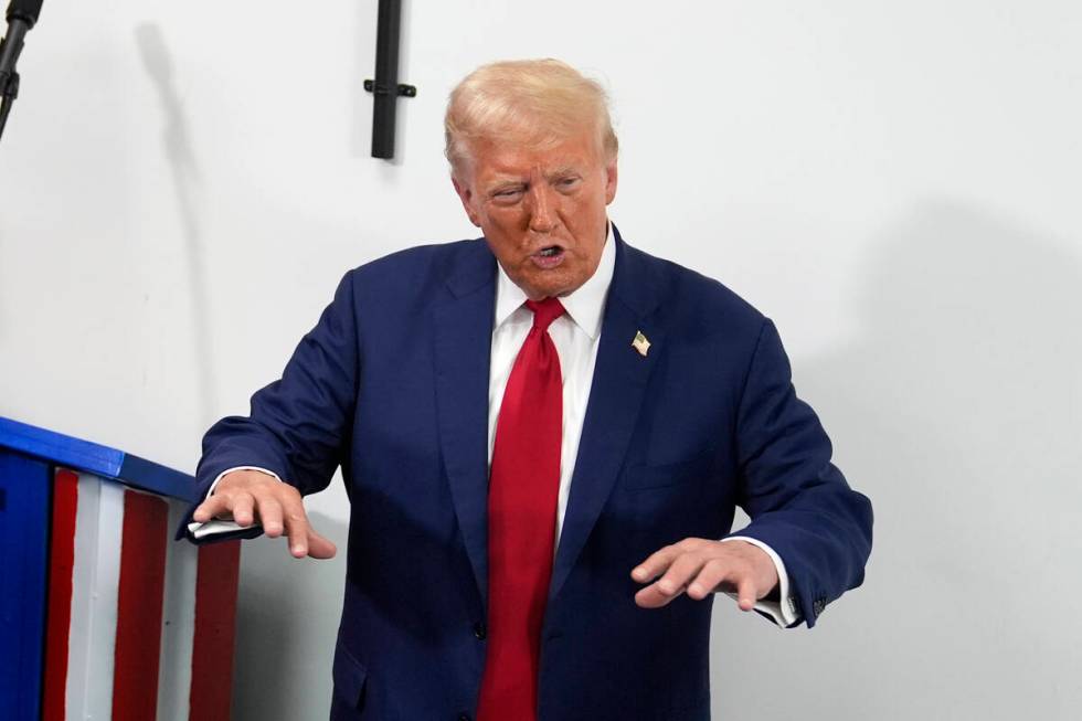 Republican presidential nominee former President Donald Trump speaks during a stop at a campaig ...