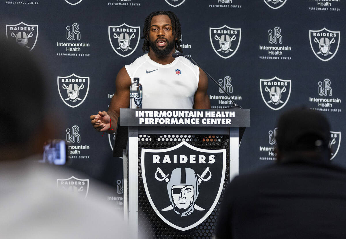 Raiders safety Chris Smith II (29) answers a question during a media interview after practice a ...