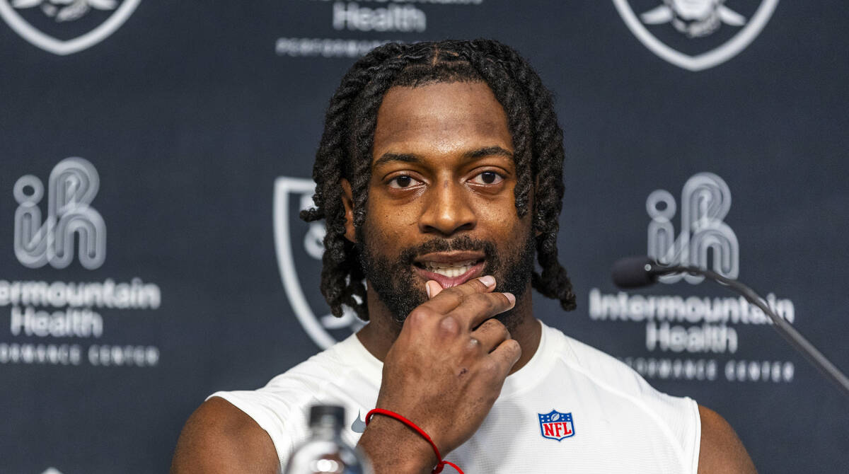 Raiders safety Chris Smith II (29) considers a question during a media interview after practice ...