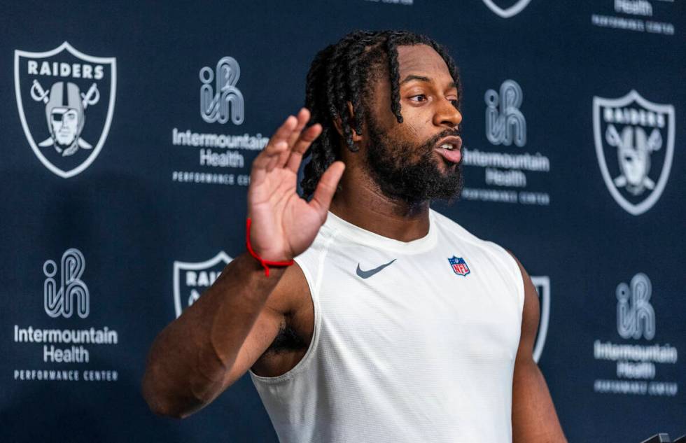 Raiders safety Chris Smith II (29) answers a question during a media interview after practice a ...