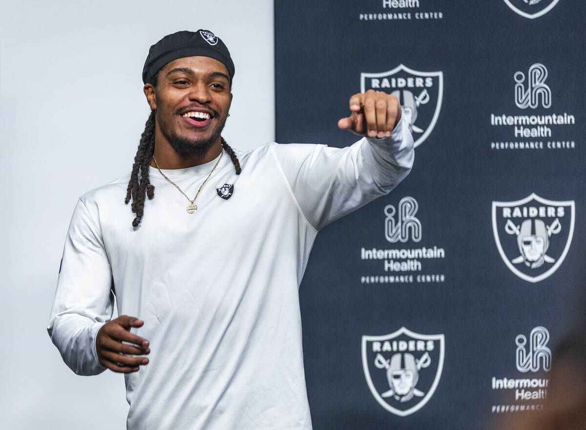 Raiders wide receiver Tyreik McAllister (32) answers a question during a media interview after ...