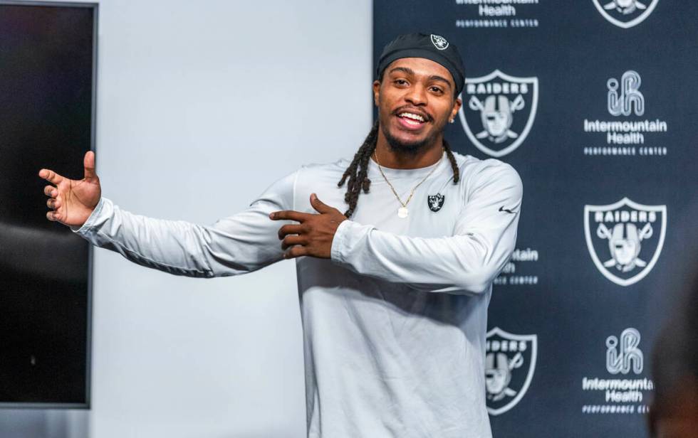 Raiders wide receiver Tyreik McAllister (32) answers a question during a media interview after ...