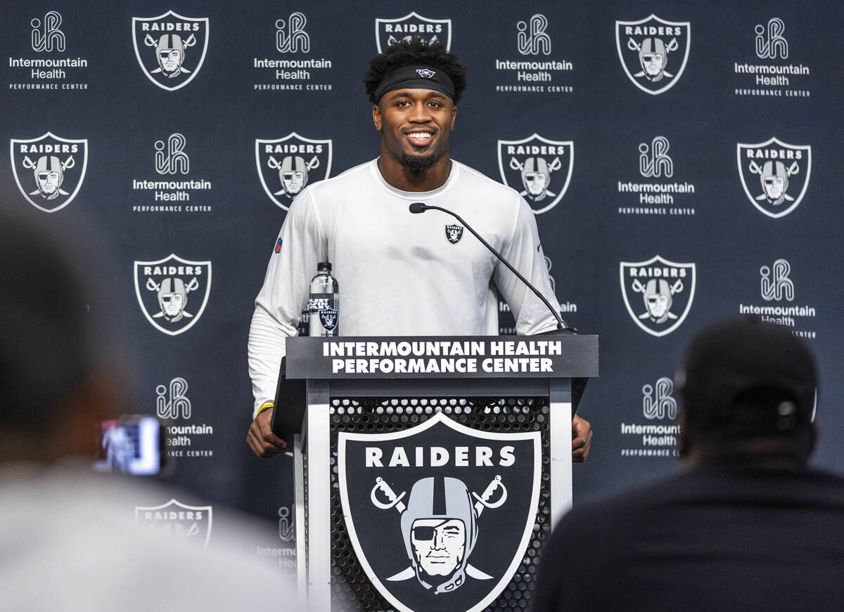 Raiders linebacker Amari Gainer (53) listens a question during a media interview after practice ...