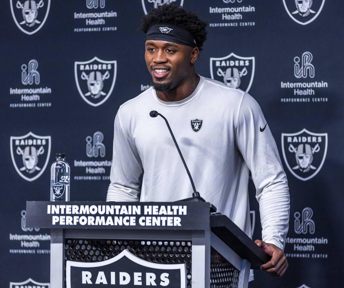 Raiders linebacker Amari Gainer (53) answers a question during a media interview after practice ...