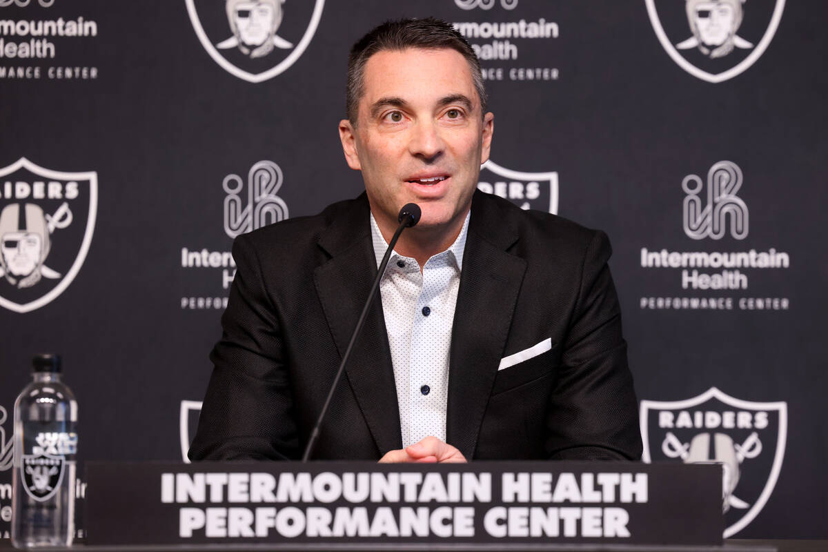 Raiders General Manager Tom Telesco speaks about the upcoming NFL draft during a press conferen ...