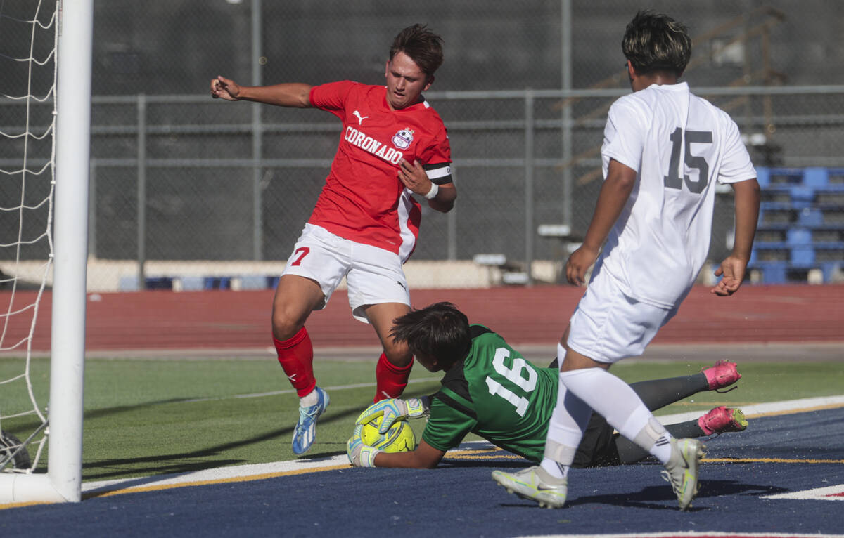 Cimarron-Memorial's goalkeeper Jose Martin (16) stops the ball against Coronado's Austin Kierna ...