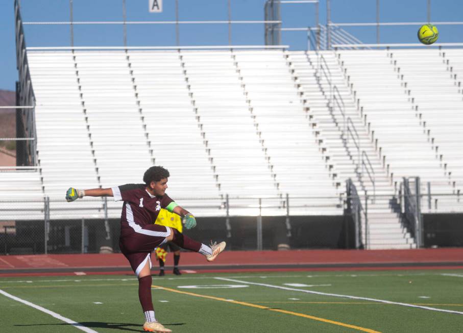 Cimarron-Memorial's goalkeeper Dylan Crosby-Moghadam (1) kicks the ball during a soccer game at ...