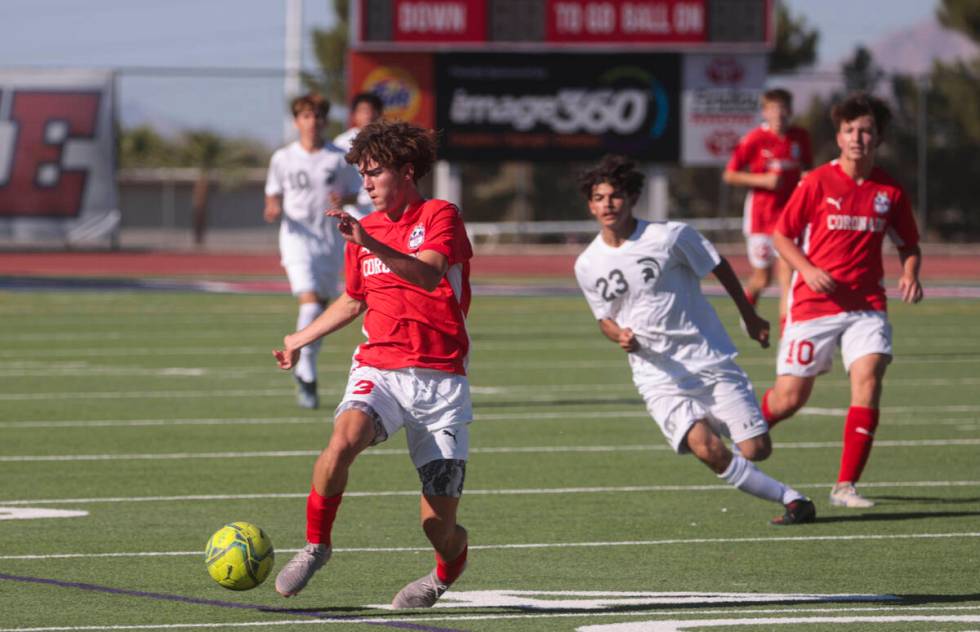 Coronado's Grayson Elisaldez (3) moves the ball against Cimarron-Memorial during a soccer game ...